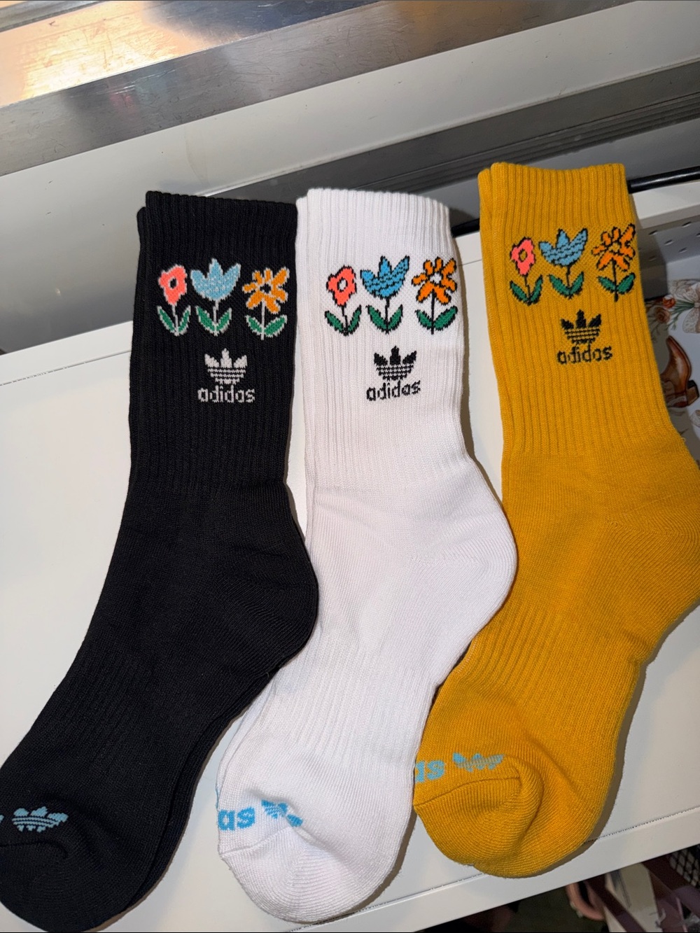 adidas Floral Crew Socks - Black, White & Mustard Yellow